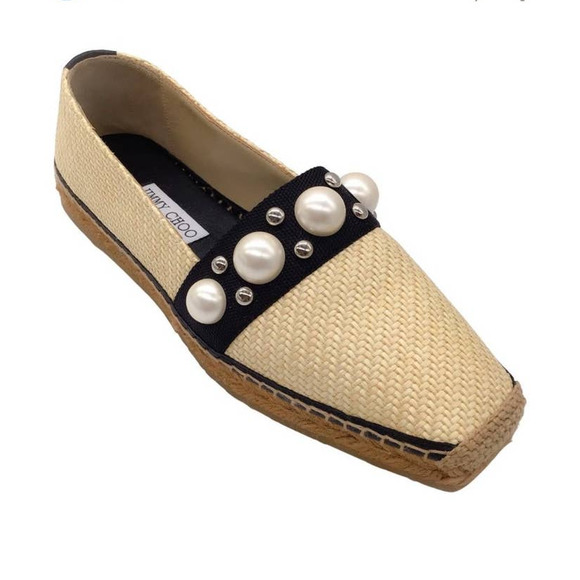Jimmy Choo Dru Espadrilles Raffia Flats with Pearls in Natural/Black Size 37 - Picture 16 of 16
